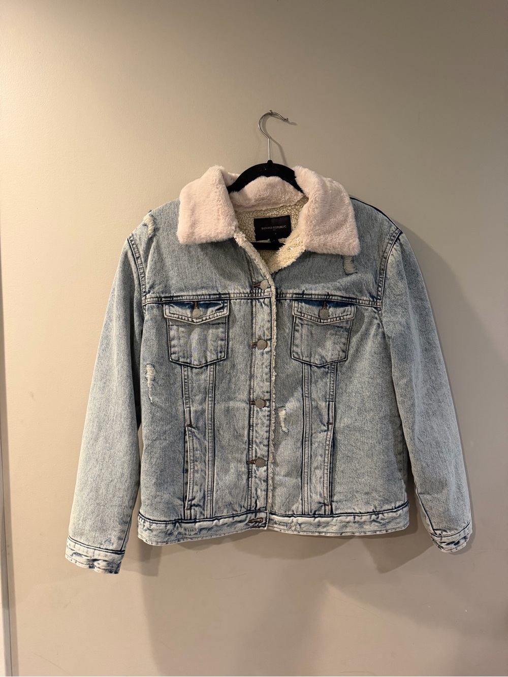 Banana Republic Factory Light Blue Denim Jacket with Cream Sherpa Collar